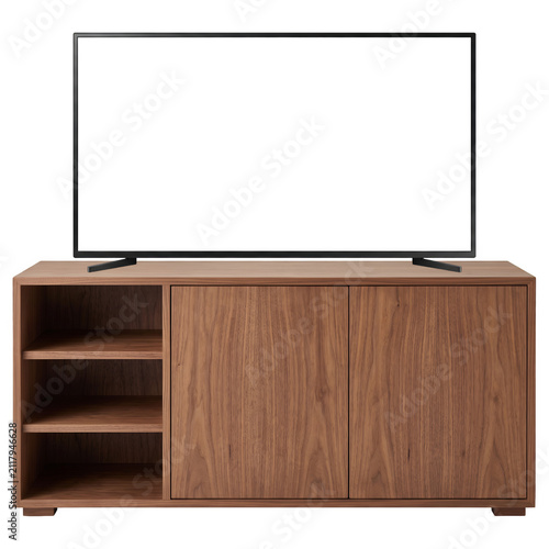 Smart TV on modern wooden cabinet stand isolated on transparent background.