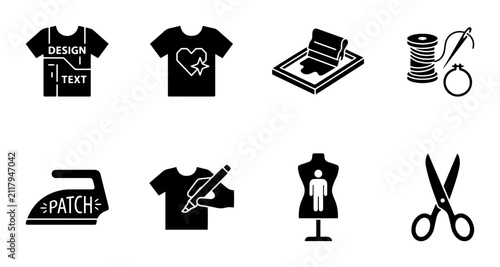 T-Shirt Design & Customization Icons: Apparel Creation, Printing, Sewing, Ironing, Crafting, Tailoring, Cutting
