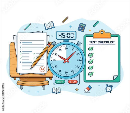 Test checklist with stopwatch and stationery on white background for education concept