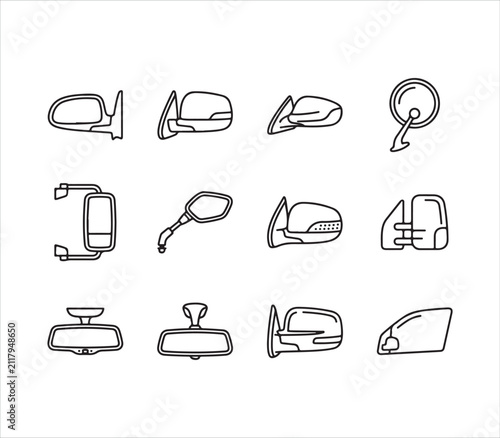 Various car side rear view mirrors and accessories on white background