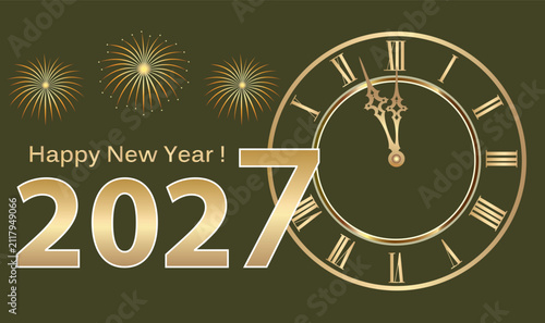 Happy New Year 2027. Vector illustration with the golden date 2027 on dark background with clock and fireworks.
