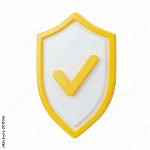 3 d render of a yellow and white shield with a yellow checkmark, isolated on white tick approved accepted