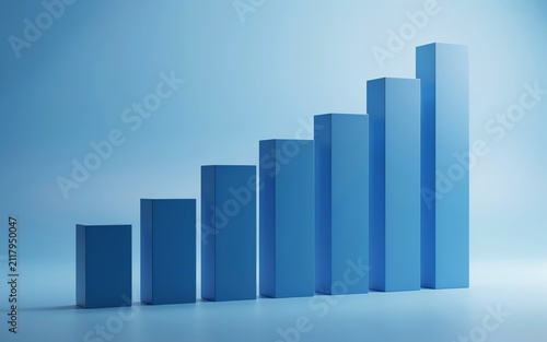 Blue 3 d bar chart with increasing height on a gradient blue background, representing growth and data statistics