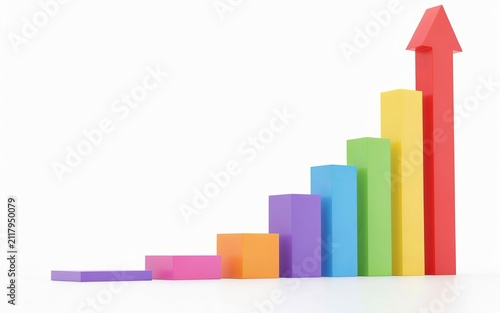 Colorful 3 d bar graph with ascending bars and red arrow indicating growth on a white background statistics