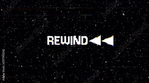 Vintage VCR Rewind Typography with Distorted Glitch Effect on Black Screen. 4K Video