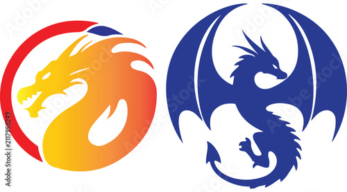 Obraz na plátně Dragon logo templates featuring orange dragon head profile and blue winged drago