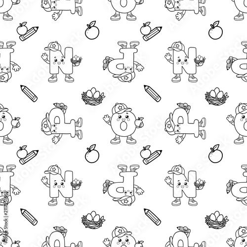 Cute Kawaii Alphabet N, O and P Seamless Pattern Black and White Educational Coloring Page Background. Cute black and white seamless pattern featuring kawaii alphabet letters N, O, and P with smiling.