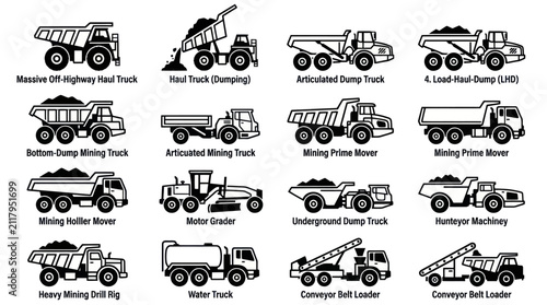 Foto Collection of Industrial Mining and Heavy Construction Equipment Icons Featuring