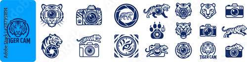 Foto Collection of blue vector icons and logos combining tigers and photographic came