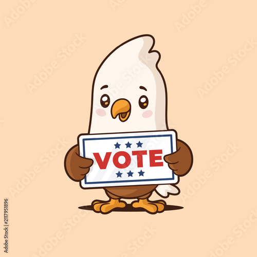 Cute kawaii bald eagle mascot holding vote sign vector cartoon illustration