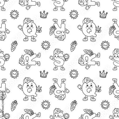 Cute Kawaii Alphabet Q, R and S Seamless Pattern Black and White Educational Coloring Page Background. Cute black and white seamless pattern featuring kawaii alphabet letters Q, R, and S with smiling.