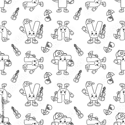 Cute Kawaii Alphabet T, U and V Seamless Pattern Black and White Educational Coloring Page Background. Cute black and white seamless pattern featuring kawaii alphabet letters T, U, and V with smiling.