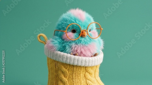 Cute fluffy colorful 3D chick wearing round glasses sitting inside a yellow knitted sock, funny character concept art