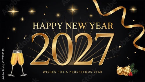 Golden happy new year 2027 celebration with champagne glasses and festive decorations on a dark background perfect for holiday greetings and new year wishes