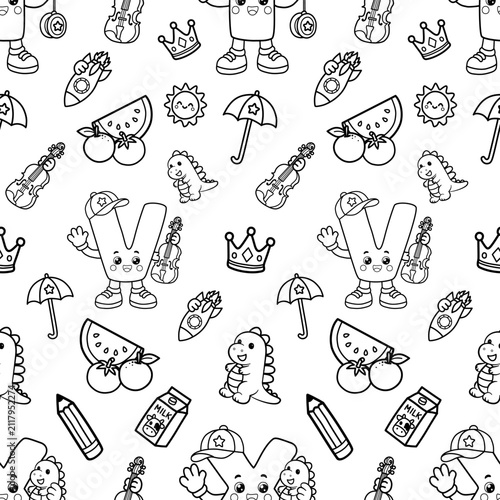 Cute Kawaii Letter Seamless Pattern with Educational Objects Black and White Coloring Page Background. Cute black and white seamless pattern featuring a kawaii letter Y, X, V character with a smiling.