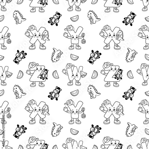 Cute Kawaii Alphabet X, Y and Z Seamless Pattern Black and White Educational Coloring Page Background. Cute black and white seamless pattern featuring kawaii alphabet letters X, Y, and Z with smiling.