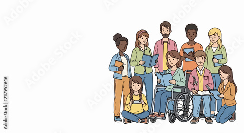 diverse group of students vector illustration featuring young adults learning together. Group of students vector art includes diverse people with books and wheelchair user.