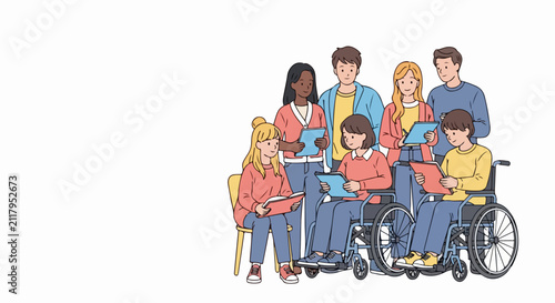Diverse group of students vector illustration showing multiethnic classmates with disabilities in wheelchairs. Inclusive education vector graphic depicting friendly students learning together.