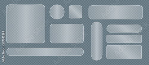 Collection of transparent glass UI elements with rounded corners on a checkered background.