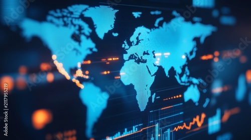 Economic Trends With World Map Glowing Data Charts Business Business Dashboard Perspective, economic trends analysis, macroeconomic market data, business growth visualization