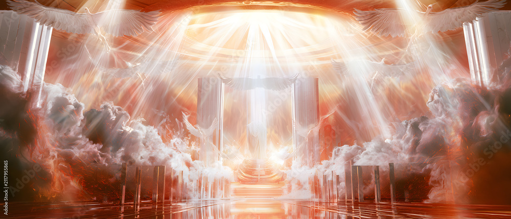 Naklejka premium Isaiah's depiction of the Lord's throne room, filled with smoke, seraphim flapping their six wings, brilliant divine light, a blend of surreal and realism.