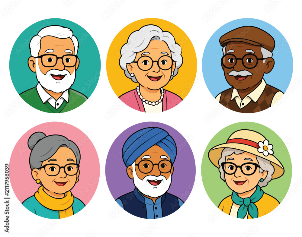 Fototapeta premium Diverse Senior People Avatar Vector Set with Elderly Men and Women Cartoon Portrait Illustrations
