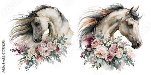 Elegant watercolor horse portraits with flowing manes and lush floral bouquets. Romantic equine illustrations blending botanical beauty, grace, and timeless artistic elegance.