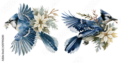 Elegant watercolor blue jay illustrations with winter botanicals and white flowers. Graceful bird artwork celebrating woodland nature, seasonal beauty, and artistic charm.