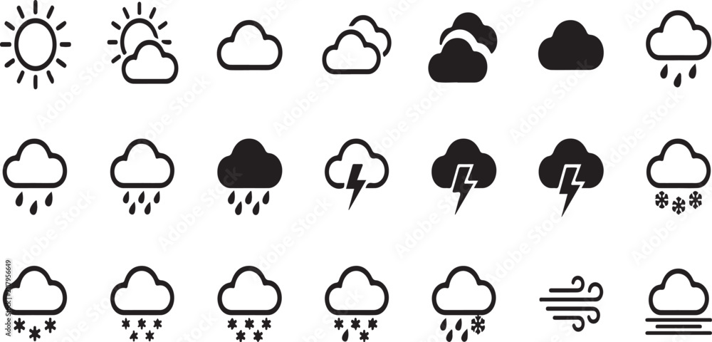 Obraz premium Weather Icons Set Black And White Flat Pictograms On White Background