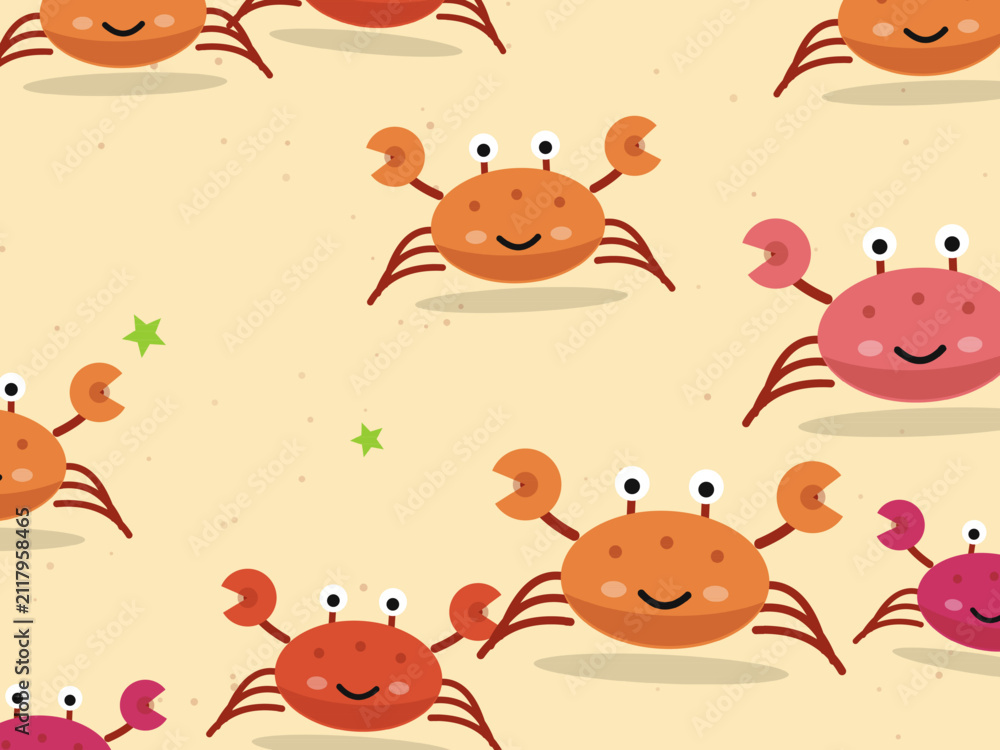 Fototapeta premium Kawaii Crab Pattern Summer Seaside Background