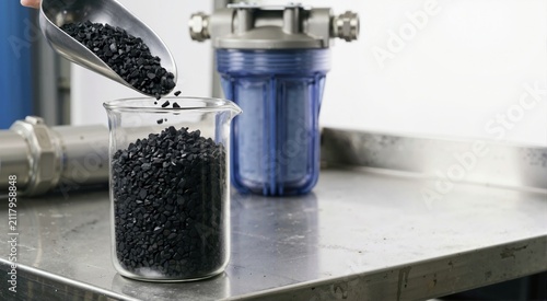 Pouring black activated carbon granules into a glass beaker. Water filtration and purification system components on a stainless steel table