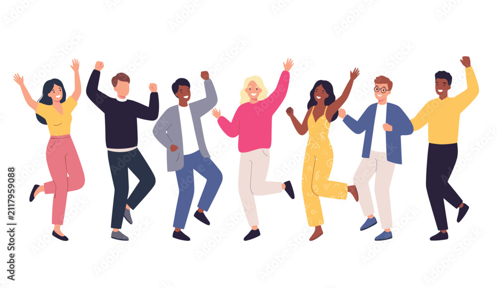 Obraz premium Diverse group of happy young people dancing and celebrating success for community and friendship concepts