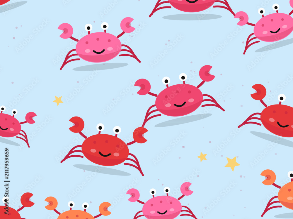 Fototapeta premium Cartoon Crabs with Pincers Kids Beach Pattern