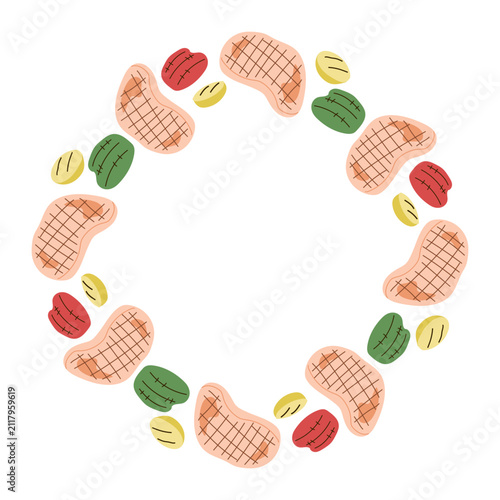 Circular frame illustration featuring grilled meat, red and green peppers, and yellow vegetables arranged in a decorative pattern for food-related designs