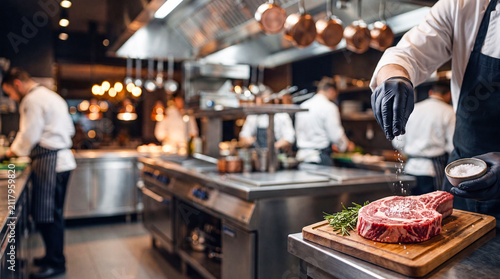 Chef seasoning raw steak in professional kitchen. Culinary expert preparing meat for cooking.