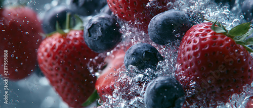 Strawberries And Blueberries Splashing In Water Close up Photo berry berries strawberry blueberry fruit fruits splash drops liquid fresh freshness red blue close up