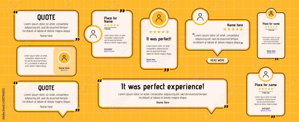 Fototapeta premium Pack with different shapes Testimony layouts. Cute simple design with five stars rating and text recommendations.