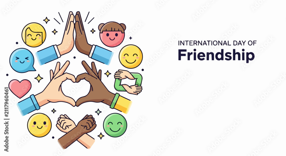 Fototapeta premium International Day of Friendship vector illustration with diverse hands making heart shape. International Day of Friendship graphic template featuring colorful hands and smiles.