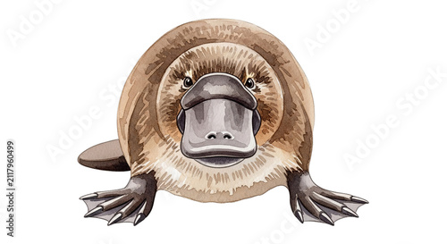 Platypus with brown fur and webbed feet stares forward on a plain white background.