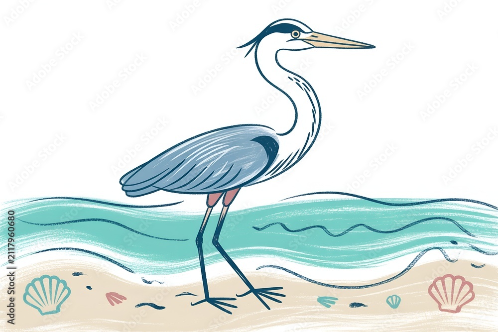 Fototapeta premium Grey heron bird standing on sandy beach shore near sea waves in hand drawn sketch style for coastal wildlife, nature concept