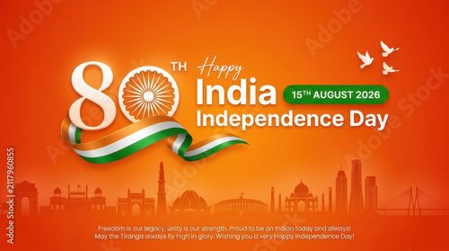 Vibrant India Independence Day 80th anniversary celebration banner featuring elegant typography, flowing tricolor ribbon and city skyline on an orange background honoring freedom, unity and pride