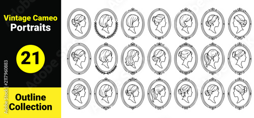 Vintage Cameo Portraits Outline Collection in Decorative Oval Frames