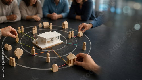 Stakeholder Ecosystem Map with Wooden Figures and Central Building