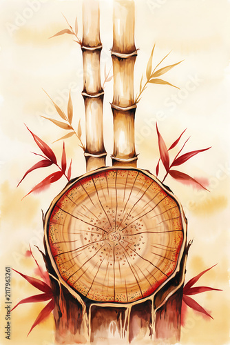Bamboo drum with leaves and stalks illustration