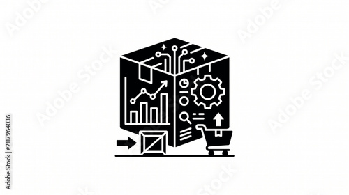 Package box unfolding into a digital interface with charts and gears signifies efficient logistics and automated inventory management for modern retail business.