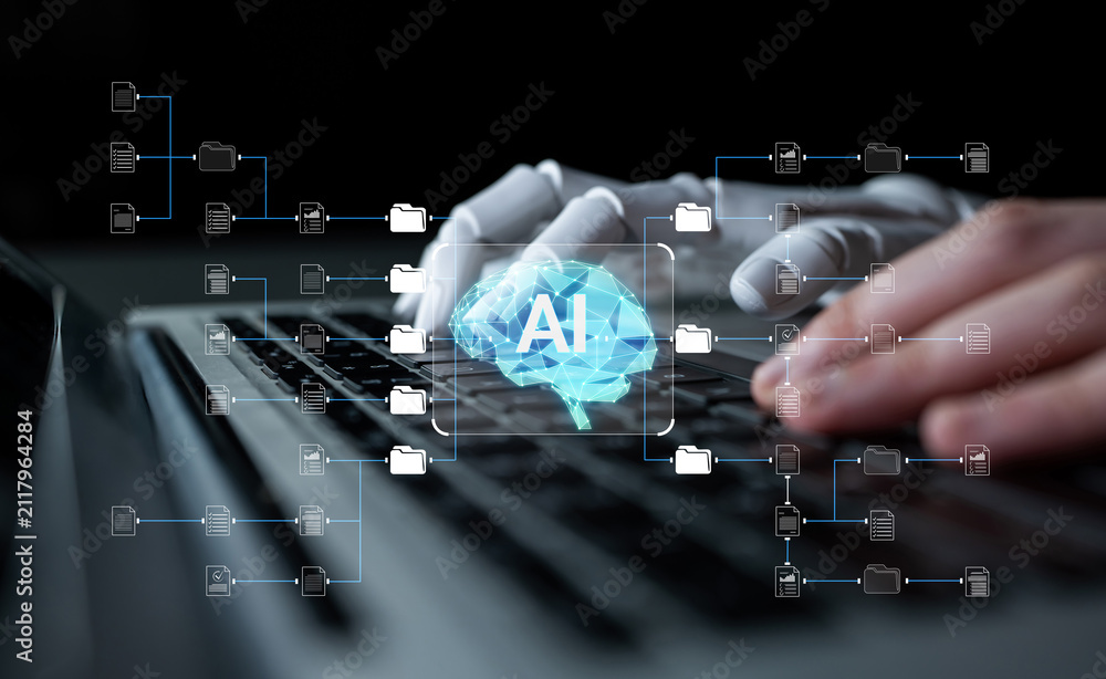 Fototapeta premium Creative Digital Concept of Artificial Intelligence with Hands Typing on Laptop Surrounded by Data Connection Graphics and Neural Network Symbols. Sentient.