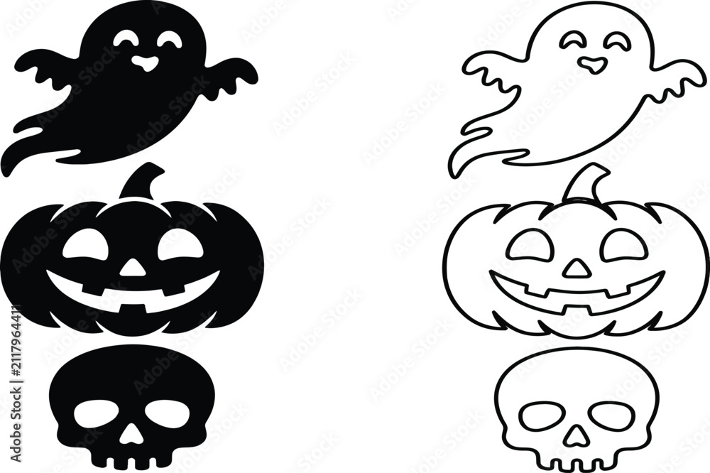 Obraz premium Halloween Vector Icons Set Featuring Cute Smiling Ghost, Jack-o-Lantern Pumpkin, and Human Skull in Silhouette and Outline Styles for Spooky Festive Decorations and Creative Graphic Design.