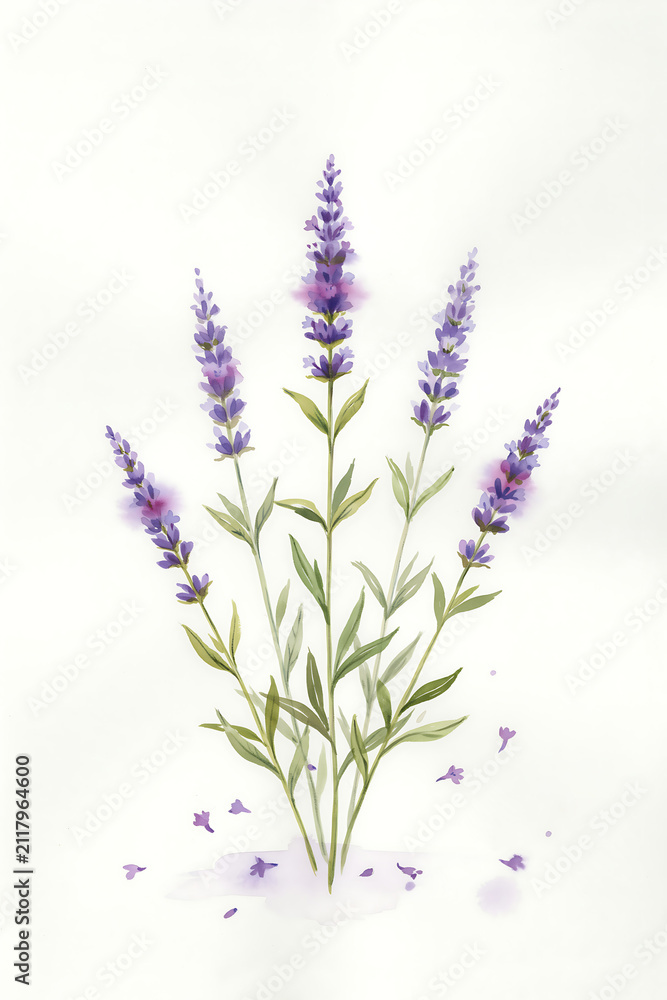 Fototapeta premium Purple lavender flower stem with buds and leaves