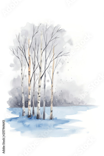 Birch trees standing in icy blue water