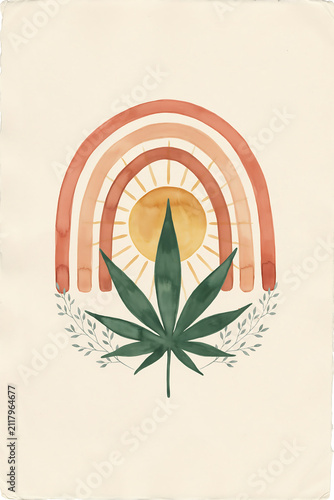 Cannabis leaf under a rainbow illustration